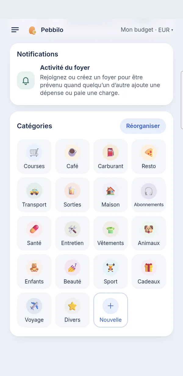 Les catégories : chacune avec son icône, à renommer, réordonner ou compléter