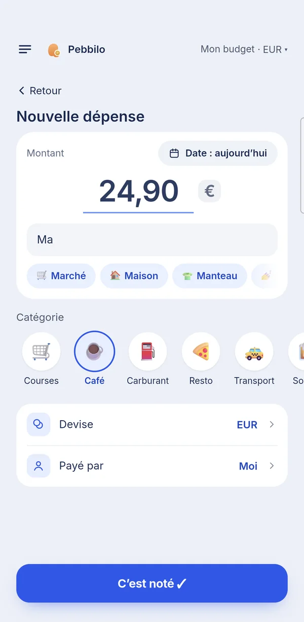 Une dépense : on tape « Ma », Pebbilo propose Marché, Maison, Manteau